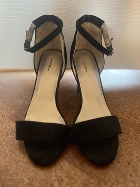 George Black Suede Ankle-Strap Open-Toe Heels
